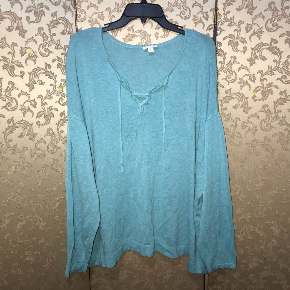 J. Jill Blue Green Neck Tie Cotton Modal Blend Sweater Size 4X